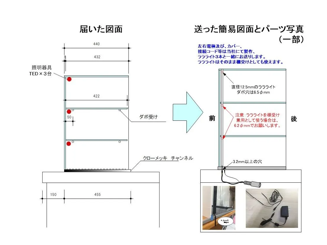 頂いた図面と、取付方の簡易図